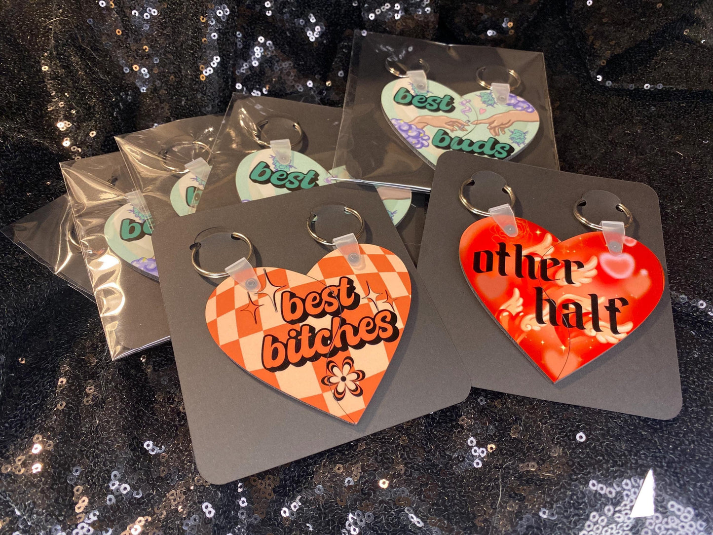 Best Friends Matching Keychain Set Split Heart Best Buds Best B*tches Other Half Love Gift - Shadow Witch Designs