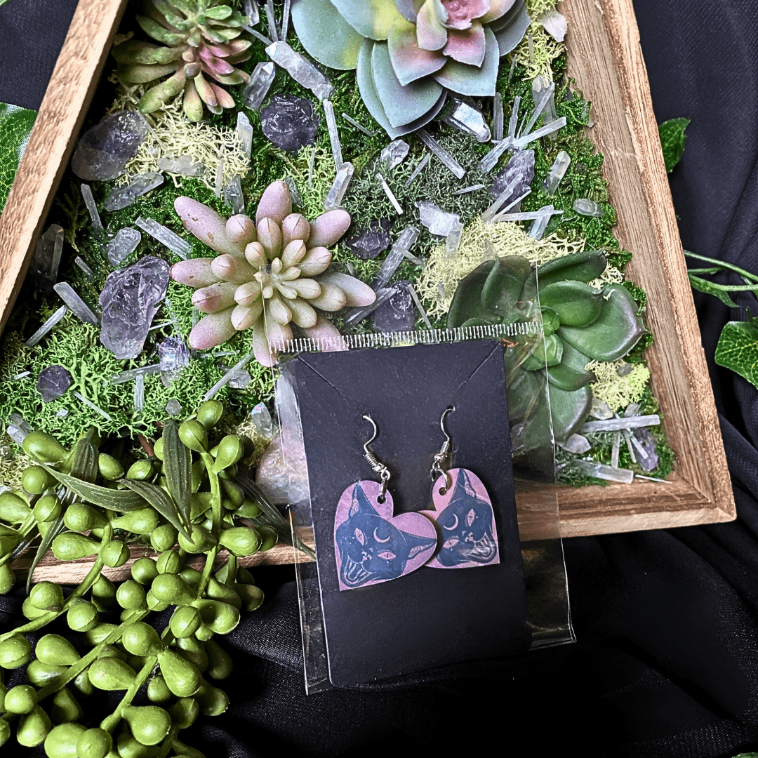 Cursed Cat Heart Shaped Earrings - Shadow Witch Designs
