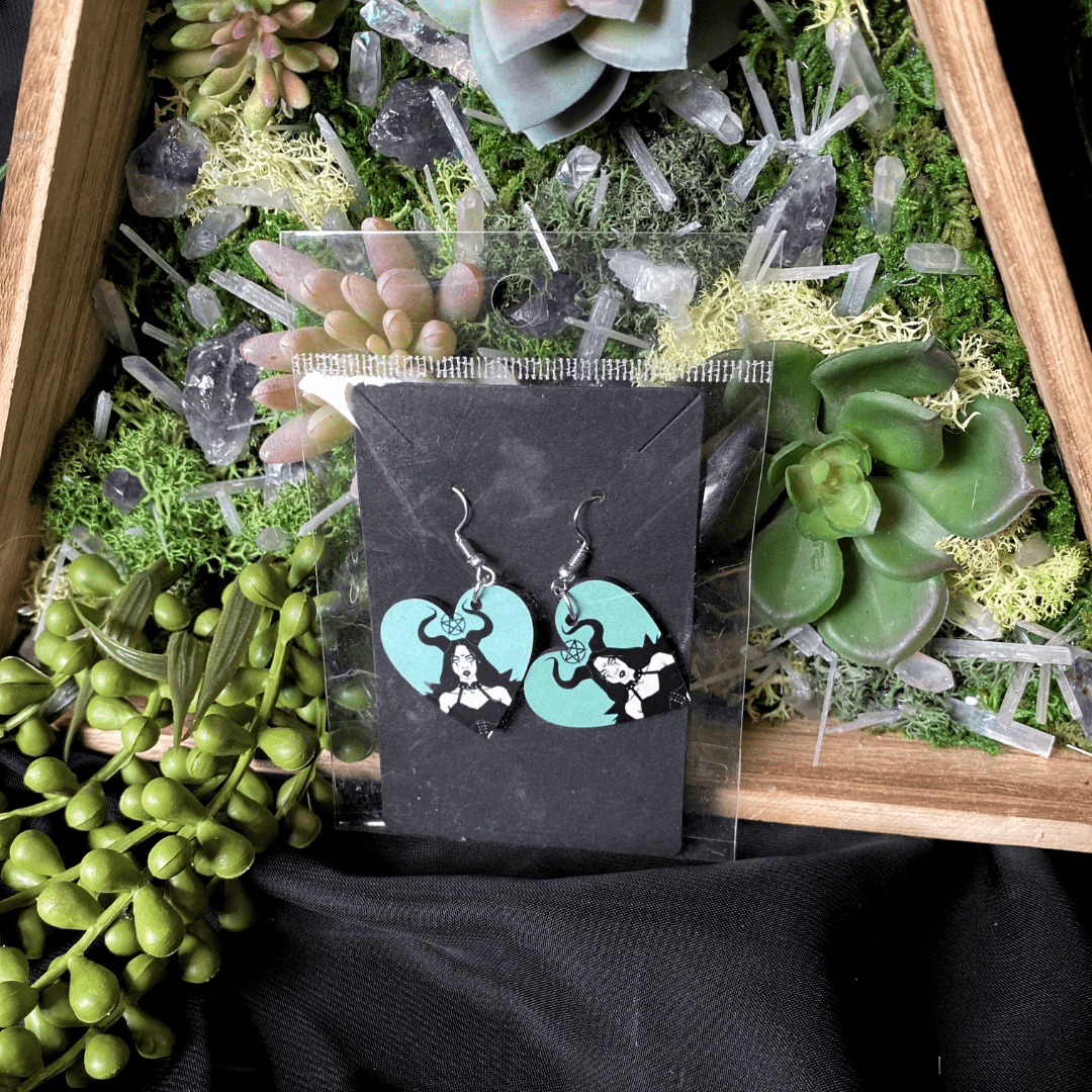 Dark Goddess Heart Shaped Earrings - Shadow Witch Designs