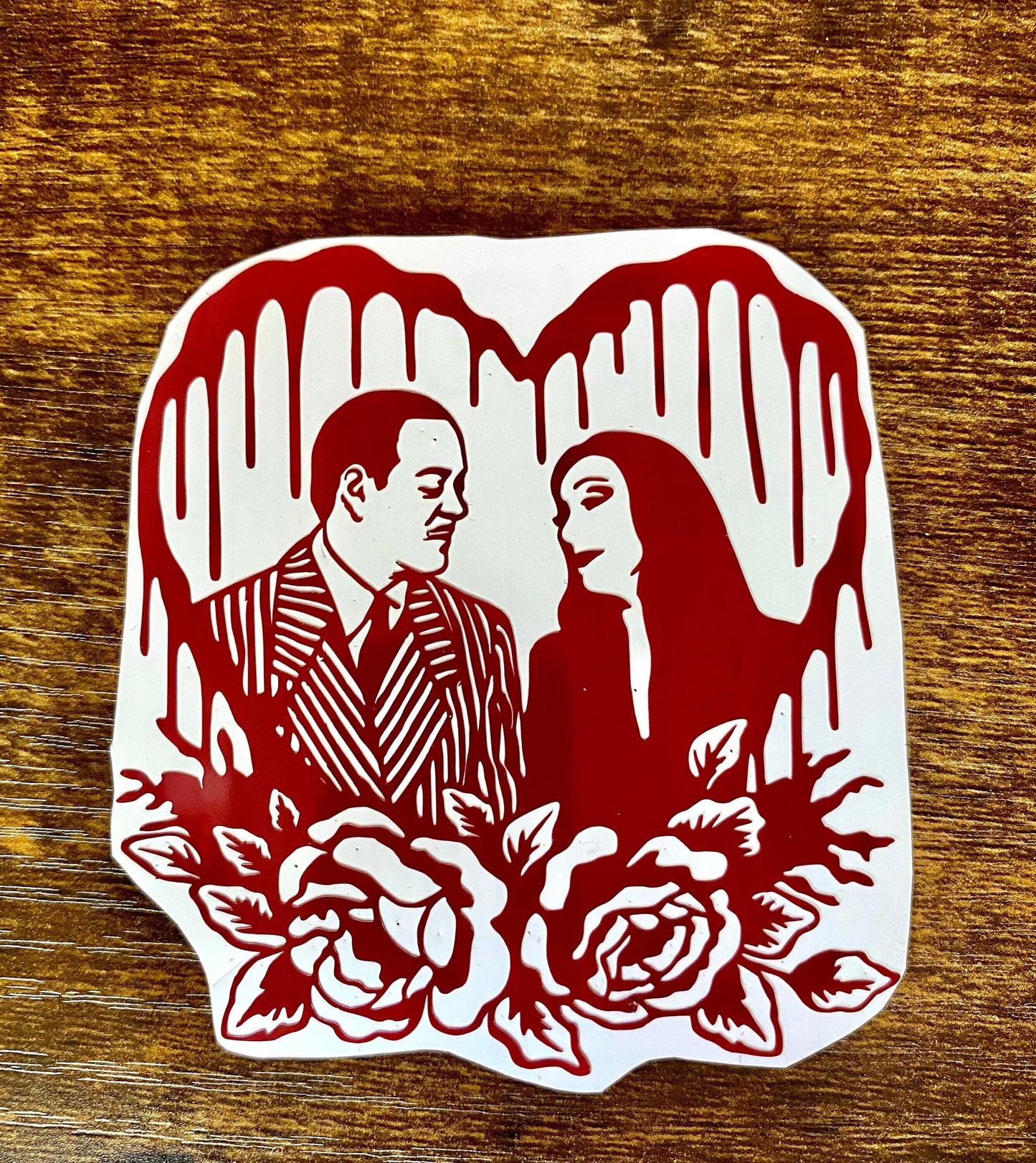 Shadow Witch Designs 1. holographic opal The Addams Family Morticia and Gomez Heart Valentine Vinyl Decal Horror Couple 13460373990