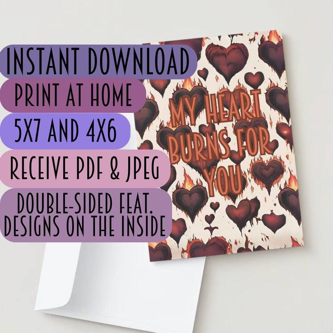 My Heart Burns For You Gothic Style Valentine Anniversary Card Instant Download For Him, For Her, For Them - Shadow Witch Designs