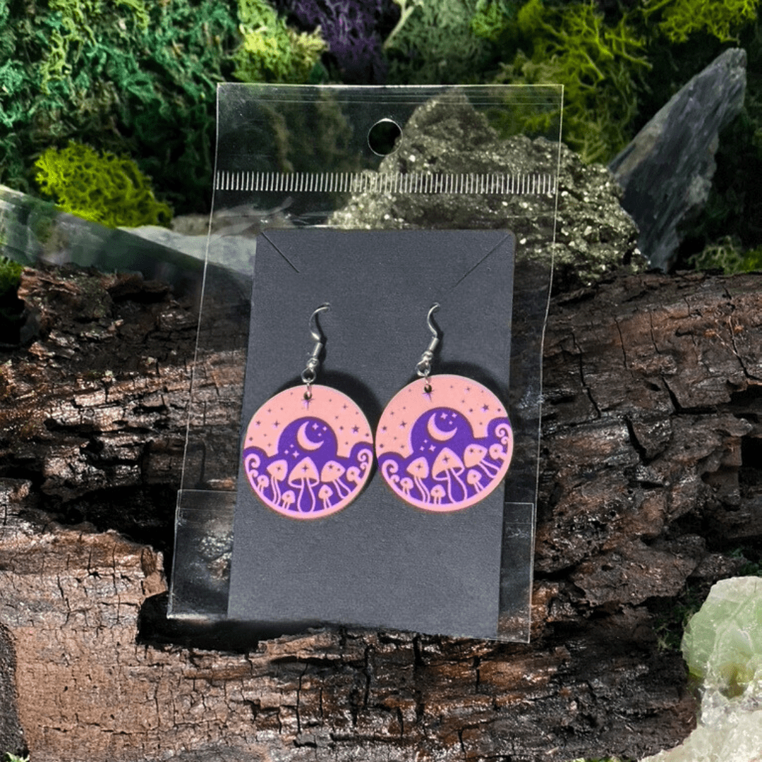 Shadow Witch Designs Pink and Purple Cosmic Mushrooms Earrings PPCME