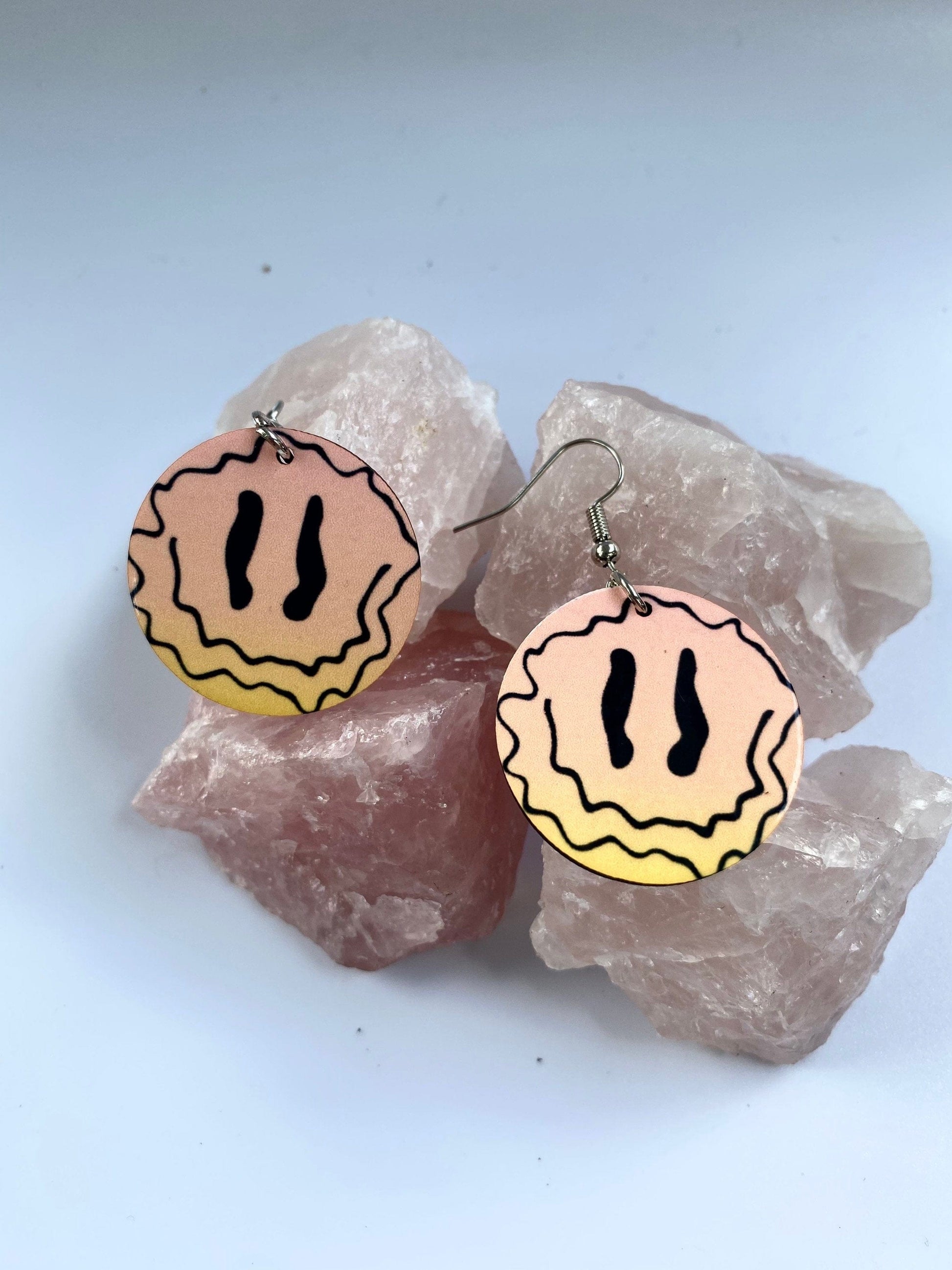 Shadow Witch Designs Pink and Yellow Ombre Melting Smiley Face Earrings 1264427267
