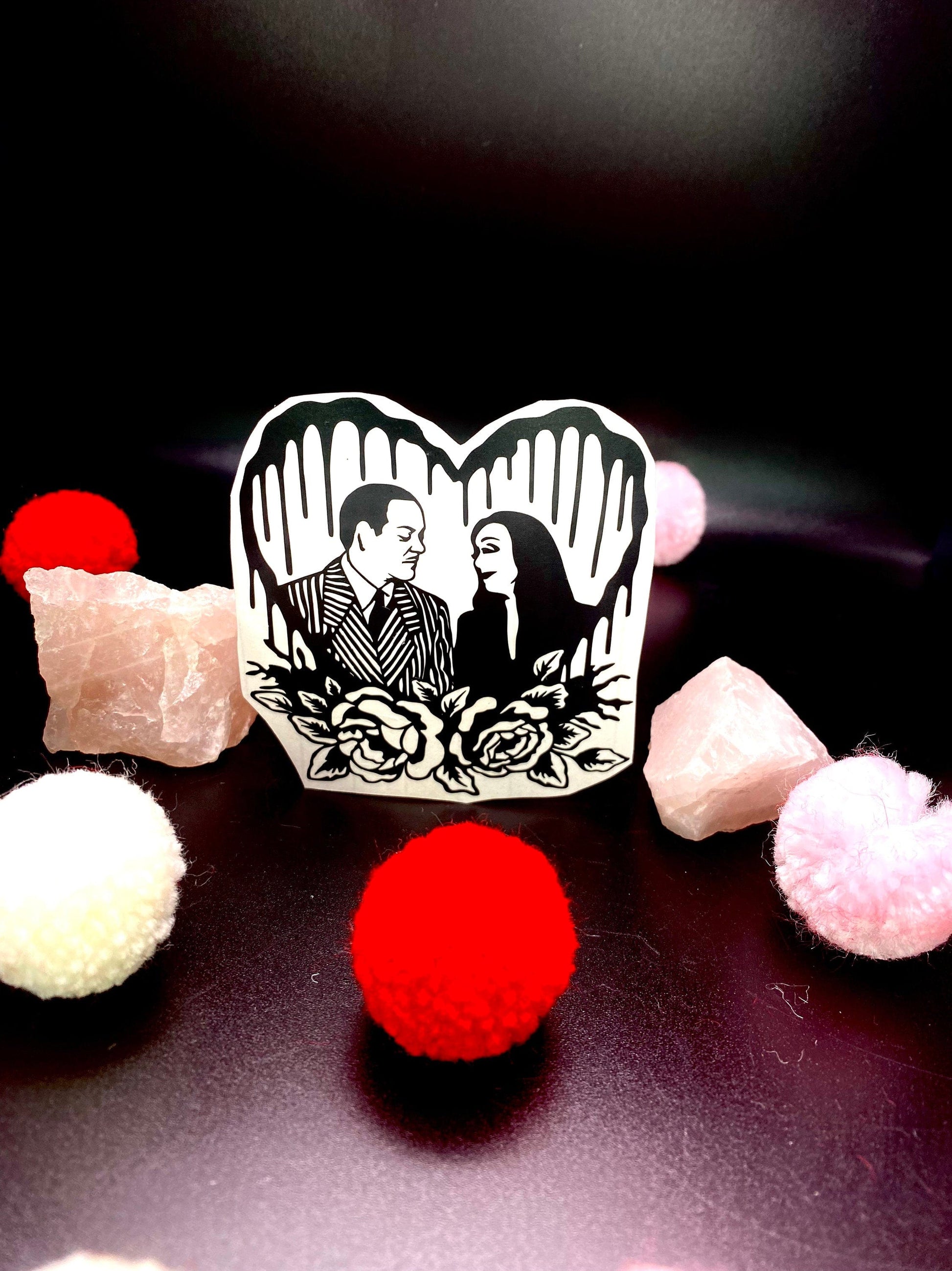 Shadow Witch Designs The Addams Family Morticia and Gomez Heart Valentine Vinyl Decal Horror Couple