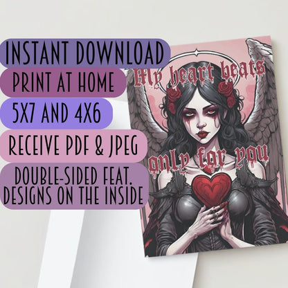 My Heart Only Beats For You Gothic Style Valentine Anniversary Card Instant Download